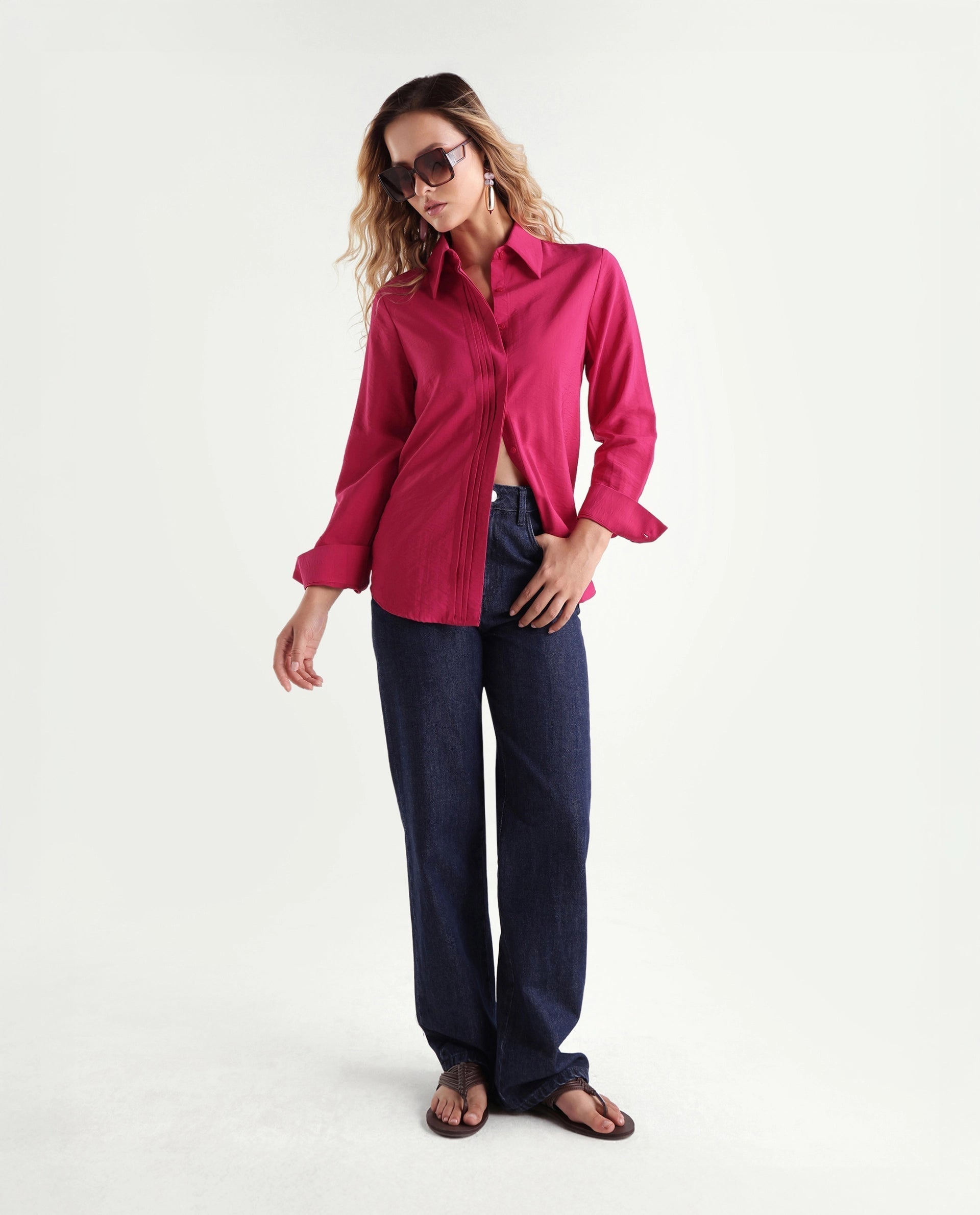 Rareism Women's Mibo Pink Plain Viscose Regular Full Sleeve Shirt