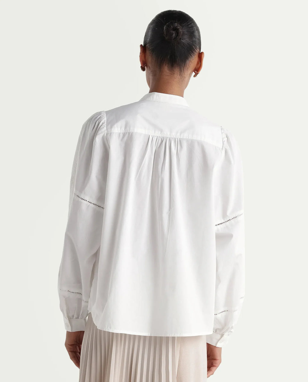 Rareism Women's Miel Off White Cotton Full Sleeve Mandarin Collar Relaxed Embroidered Top