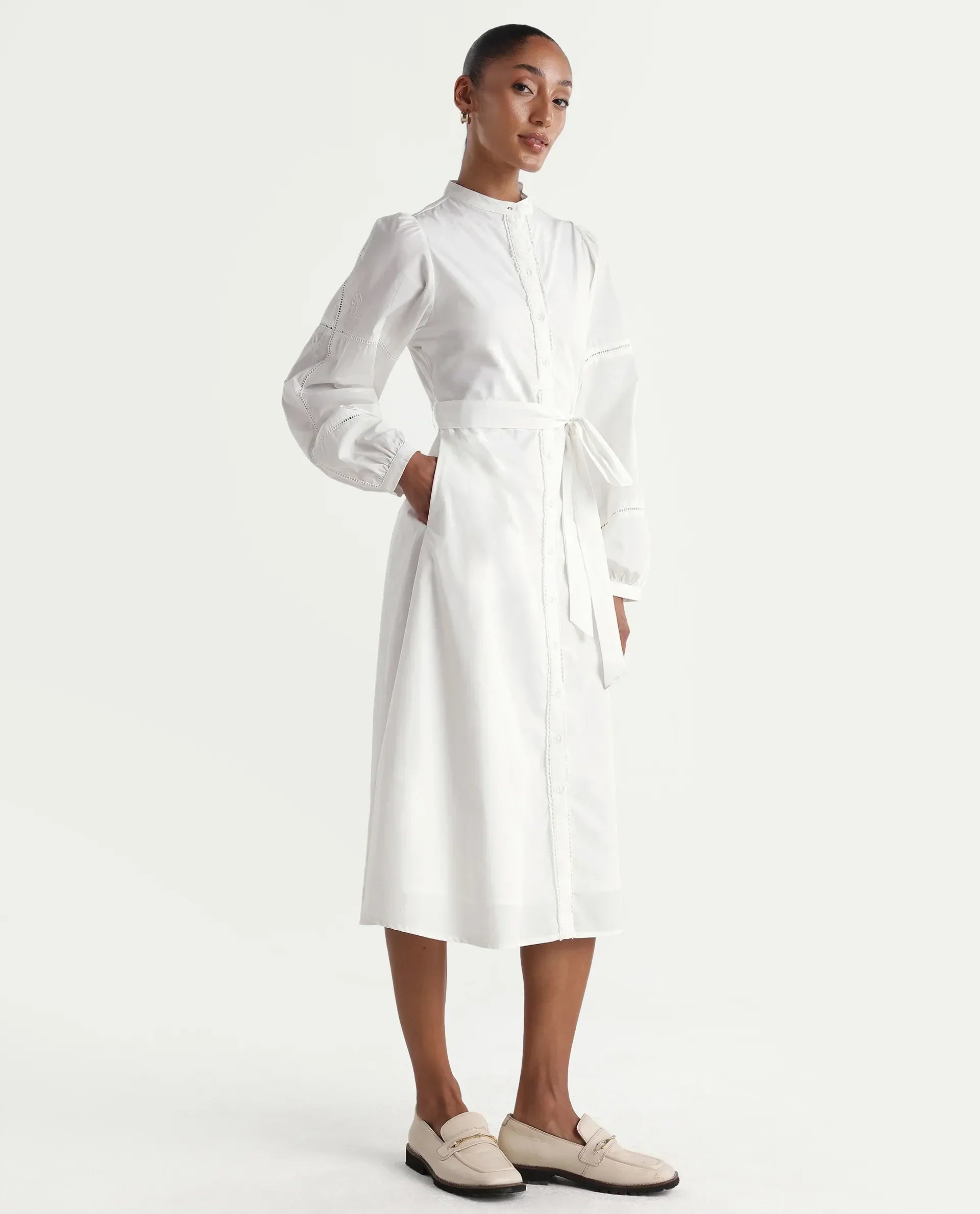 Rareism Women's Miko Off White Cotton Full Sleeve Mandarin Collar A-Line Embroidered Dress
