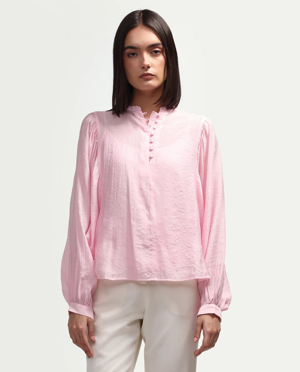 Rareism Women's Minis Light Pink Viscose Full Sleeve Band Collar Regular Top