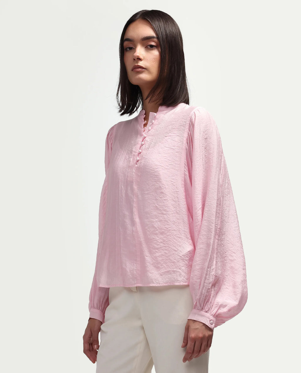 Rareism Women's Minis Light Pink Viscose Full Sleeve Band Collar Regular Top