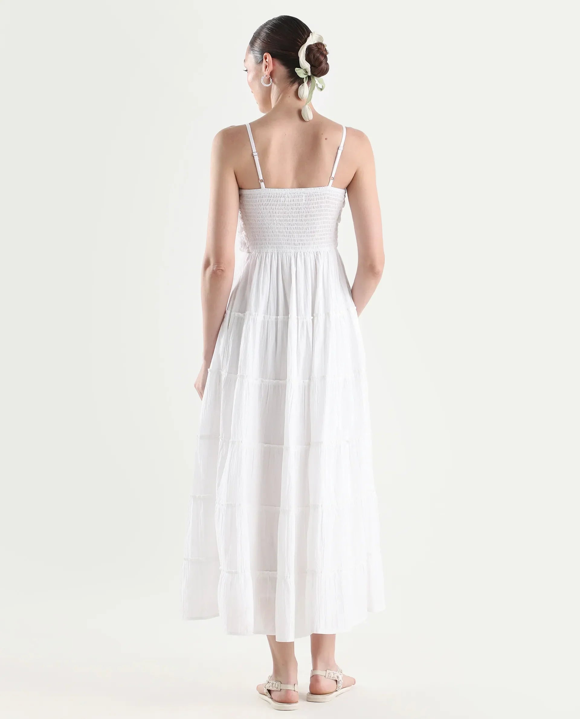 Rareism Women's Moanna Off White Cotton Sleeveless Square Neck Fit And Flare Dress