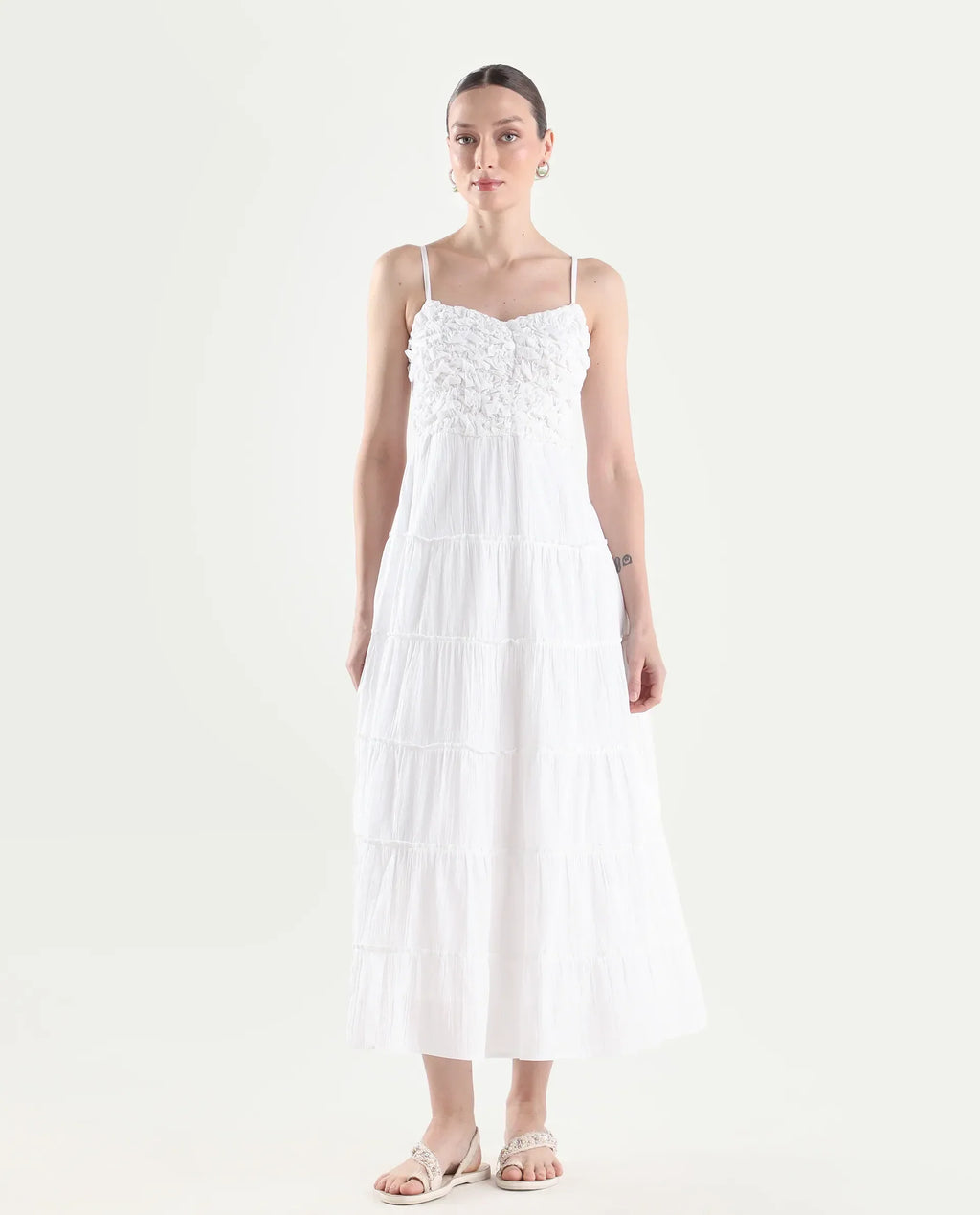 Rareism Women's Moanna Off White Cotton Sleeveless Square Neck Fit And Flare Dress
