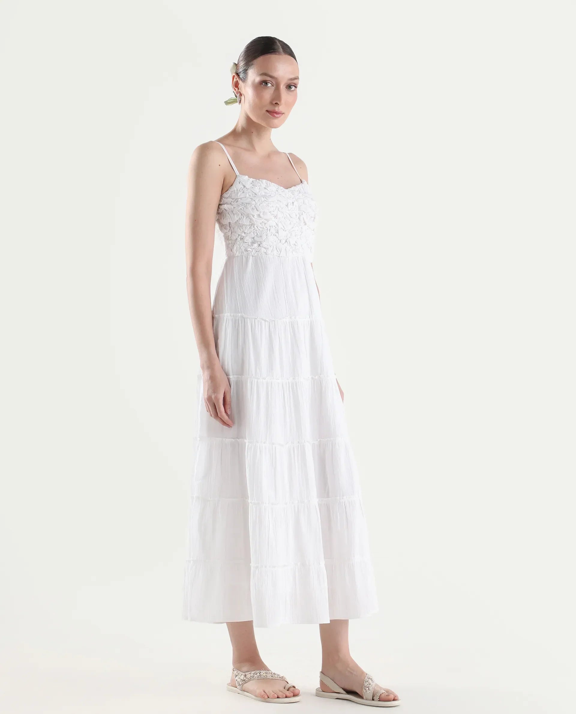 Rareism Women's Moanna Off White Cotton Sleeveless Square Neck Fit And Flare Dress