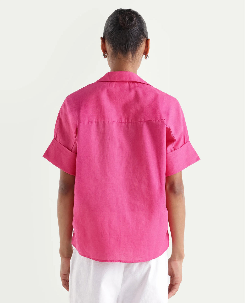 Rareism Women's Mogu Pink Linen Half Sleeve Jonny Collar Regular Top