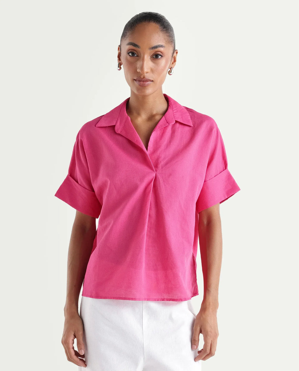 Rareism Women's Mogu Pink Linen Half Sleeve Jonny Collar Regular Top