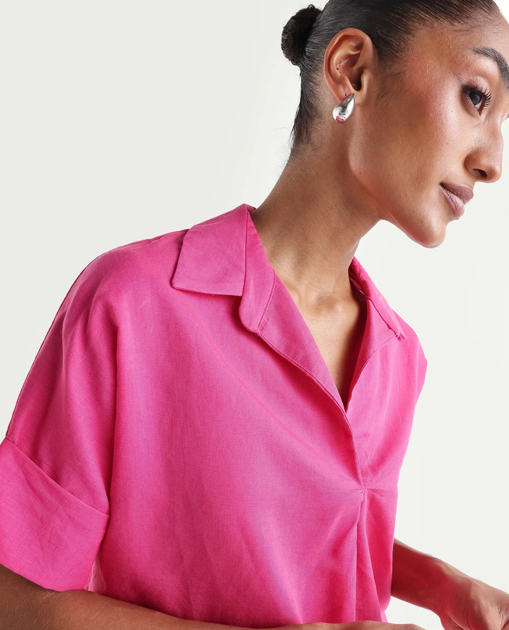 Rareism Women's Mogu Pink Linen Half Sleeve Jonny Collar Regular Top
