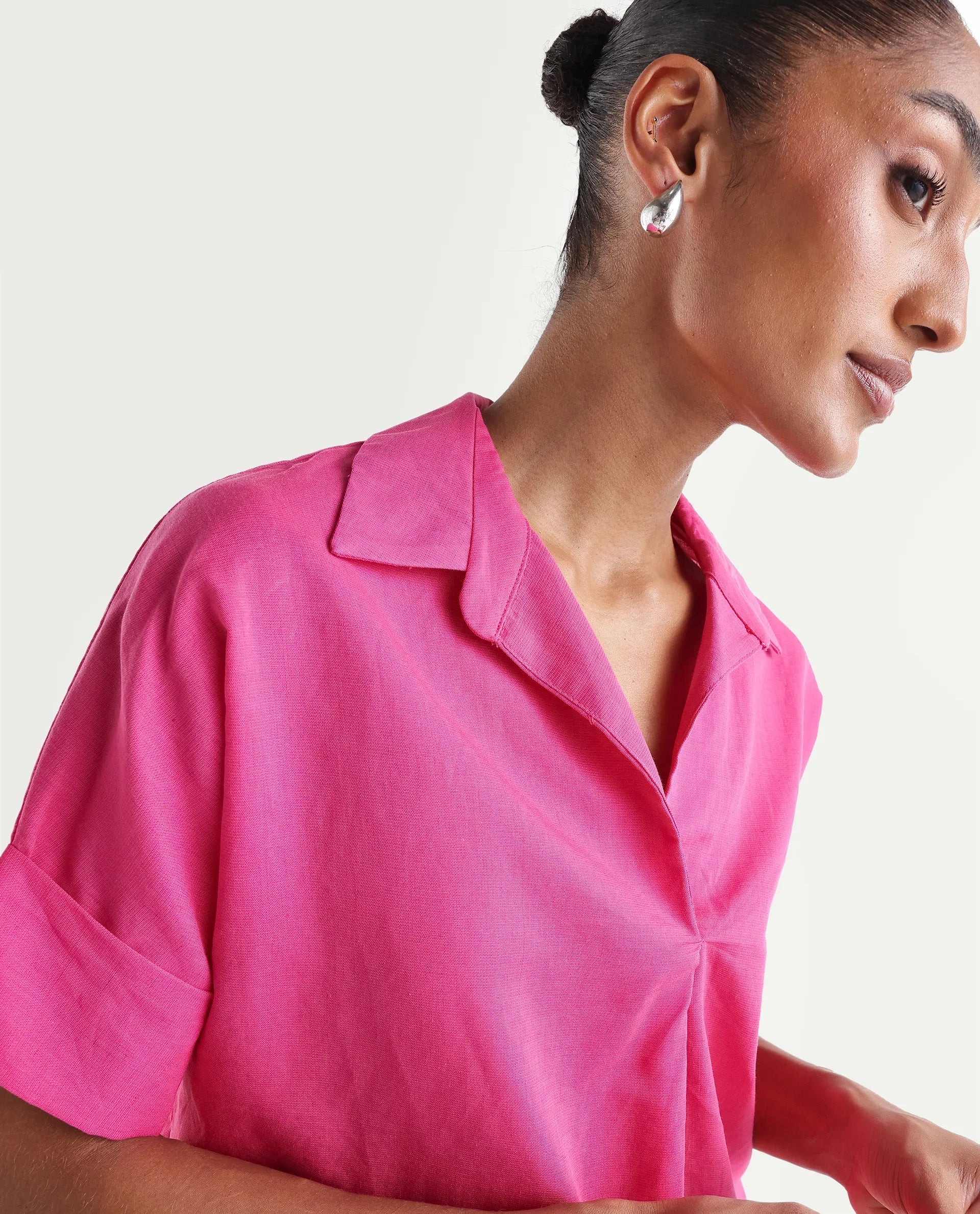 Rareism Women's Mogu Pink Linen Half Sleeve Jonny Collar Regular Top