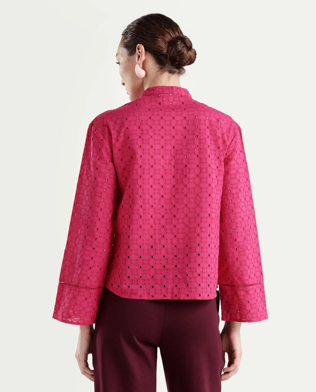Rareism Women's Monet Pink Cotton Full Sleeve Mandarin Collar Regular Schiffli Top