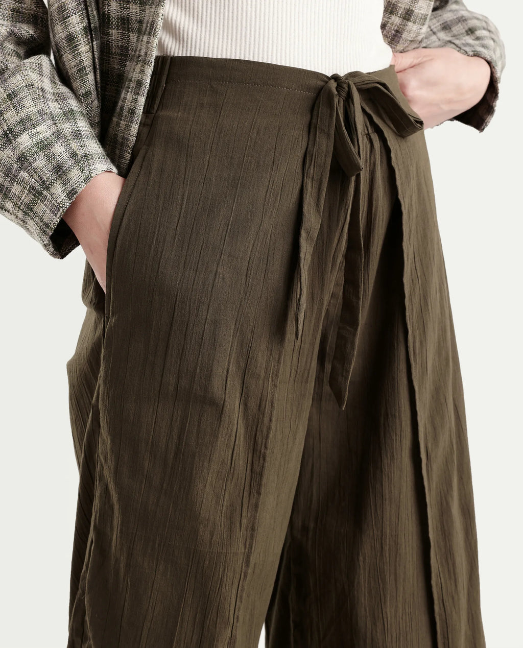 Rareism Women's Ronuzy Olive Cotton Wrap Plain Trouser
