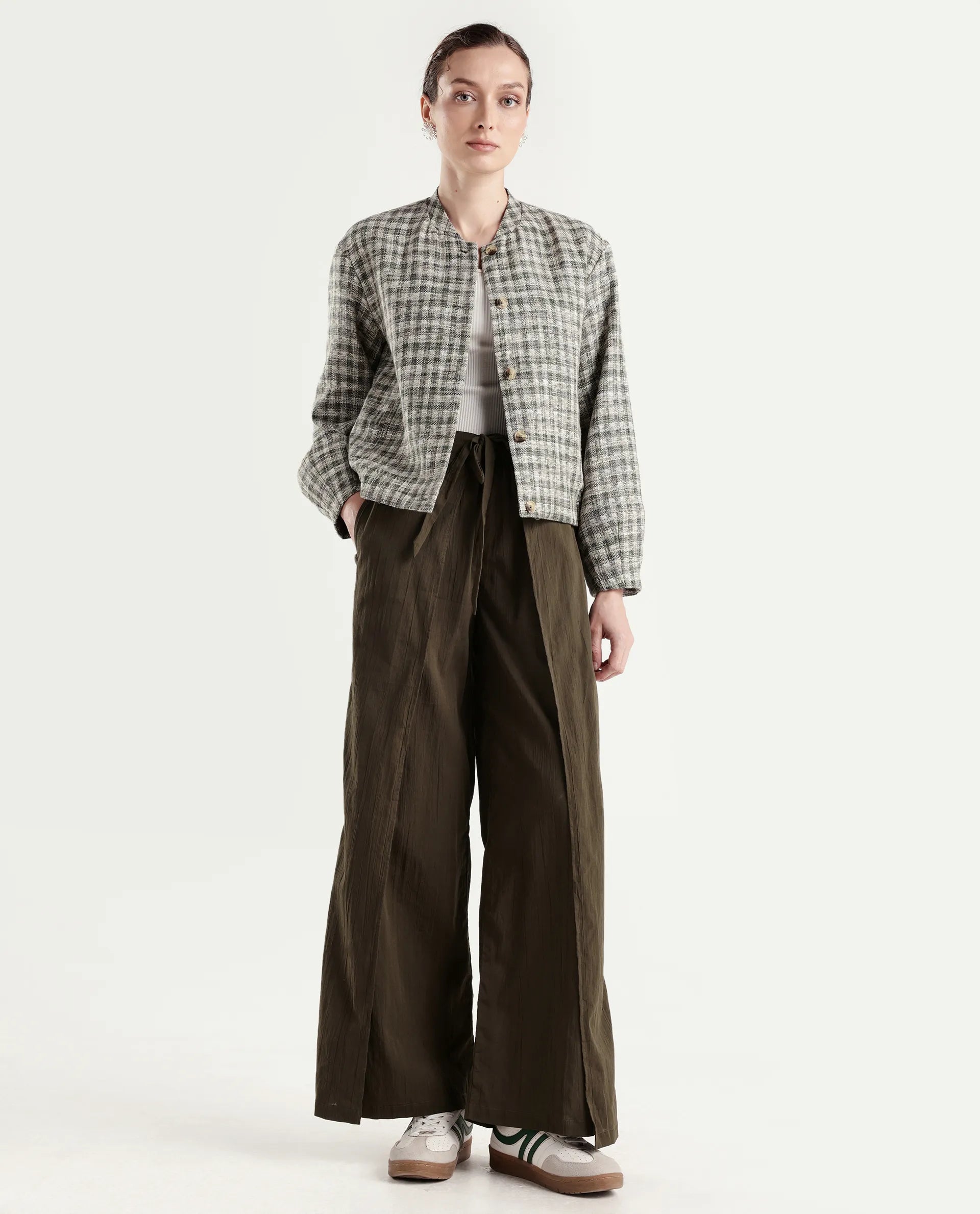 Rareism Women's Ronuzy Olive Cotton Wrap Plain Trouser