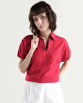 Rareism Women's Valet Red Cotton Half Sleeve Regular Fit Plain Top