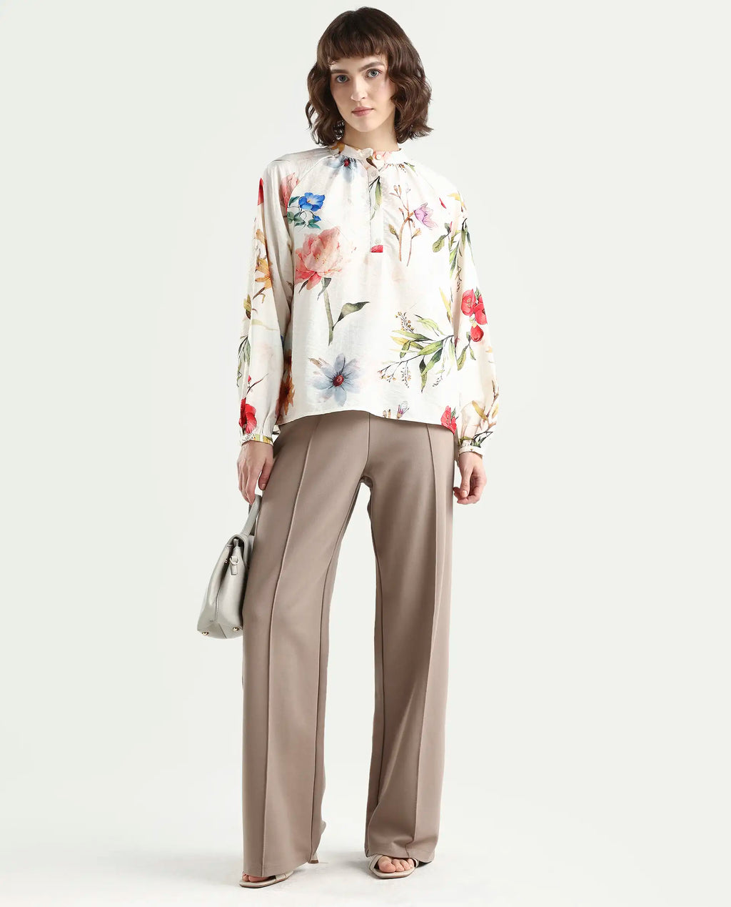 Rareism Women's Valia Off White Viscose Blend Full Sleeve Relaxed Fit Floral Print Top