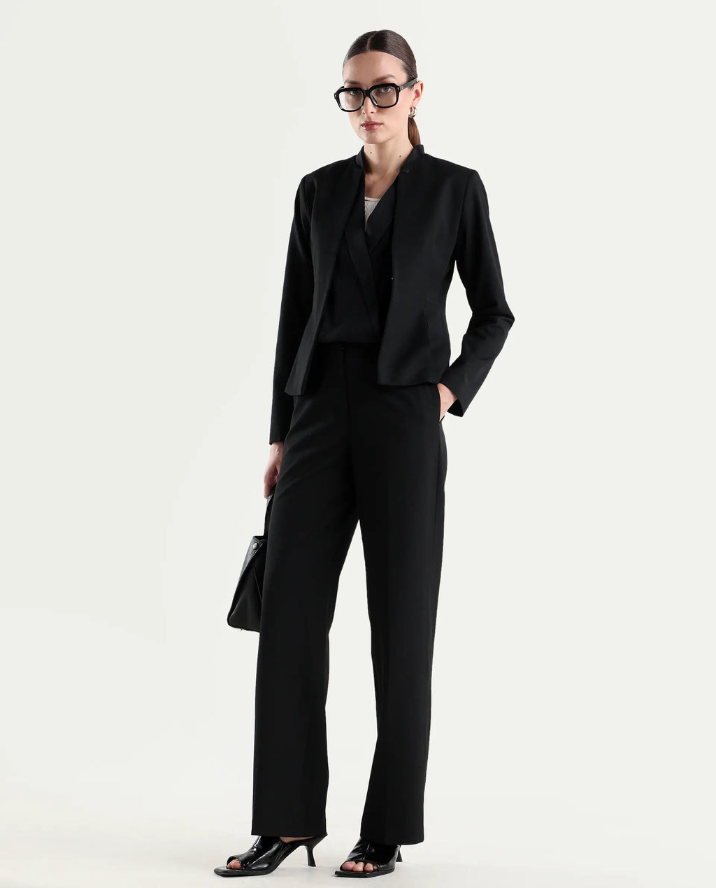 Rareism Women's Srait-1 Black Viscose Fabric Straight Plain Trouser