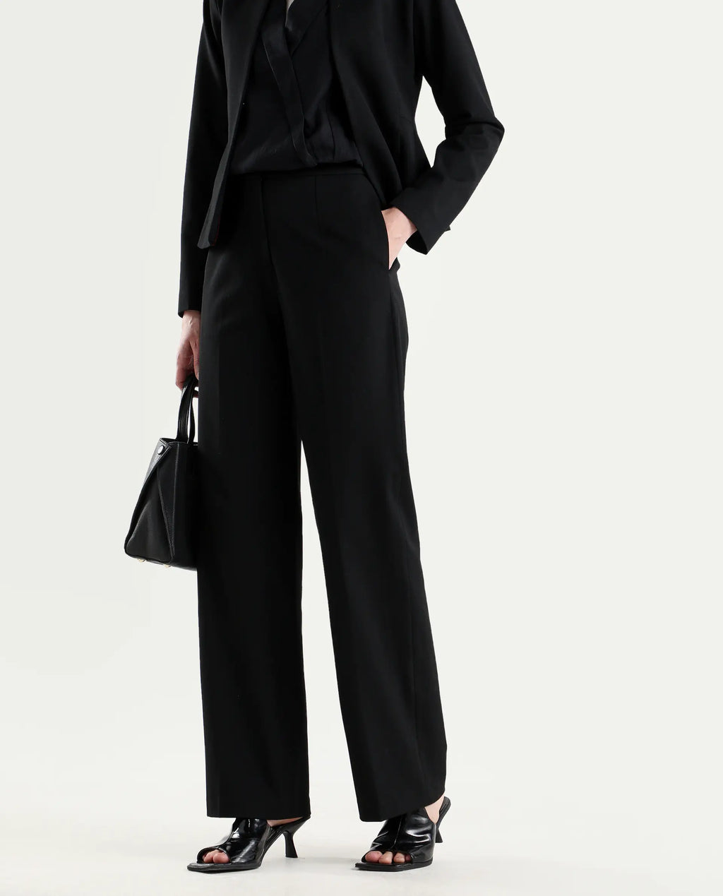 Rareism Women's Srait-1 Black Viscose Fabric Straight Plain Trouser