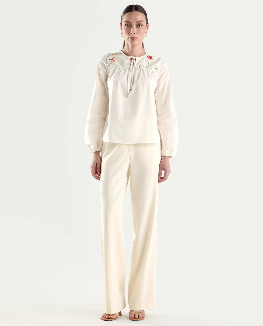 Rareism Women's Srait-1 Off White Viscose Fabric Straight Plain Trouser