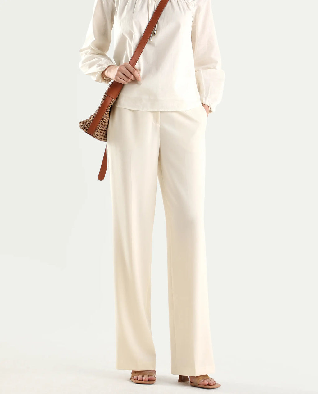 Rareism Women's Srait-1 Off White Viscose Fabric Straight Plain Trouser
