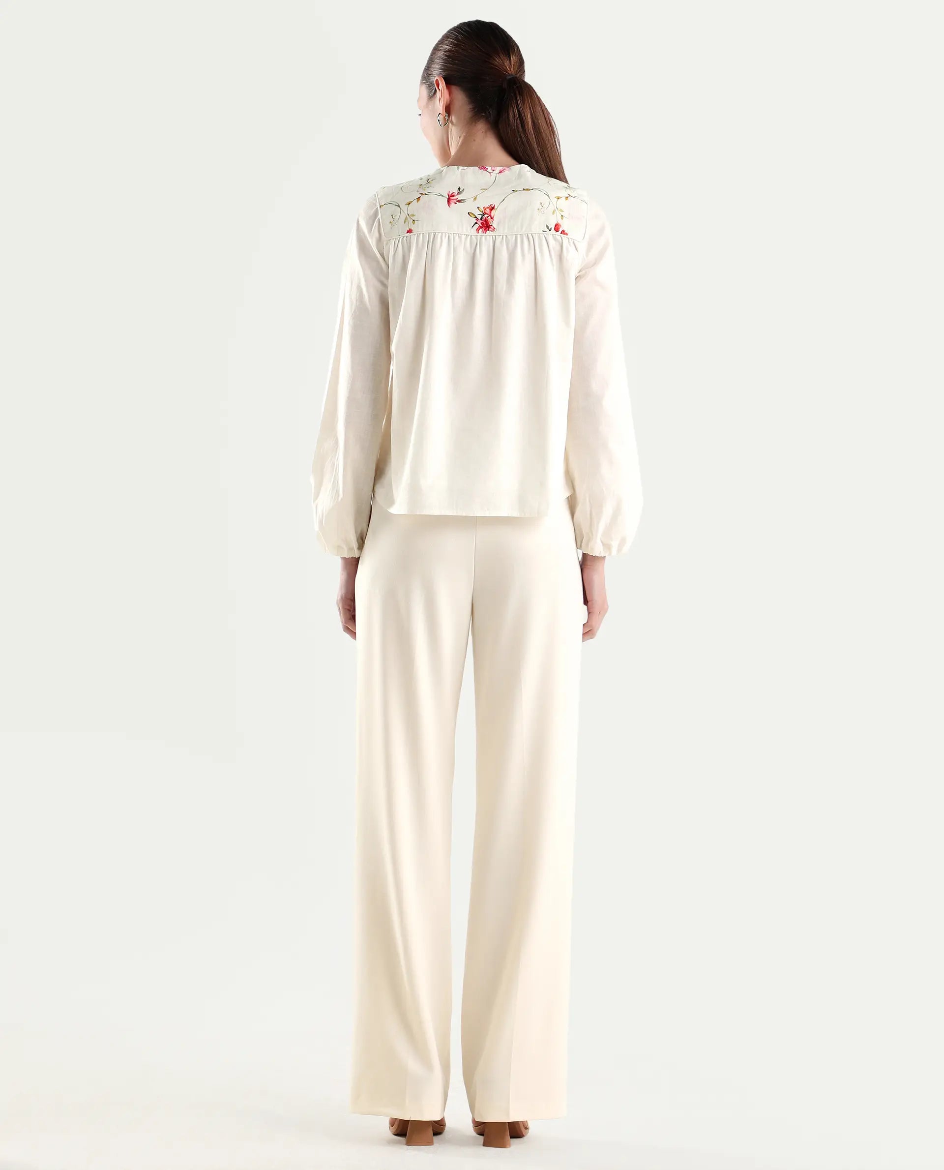 Rareism Women's Srait-1 Off White Viscose Fabric Straight Plain Trouser