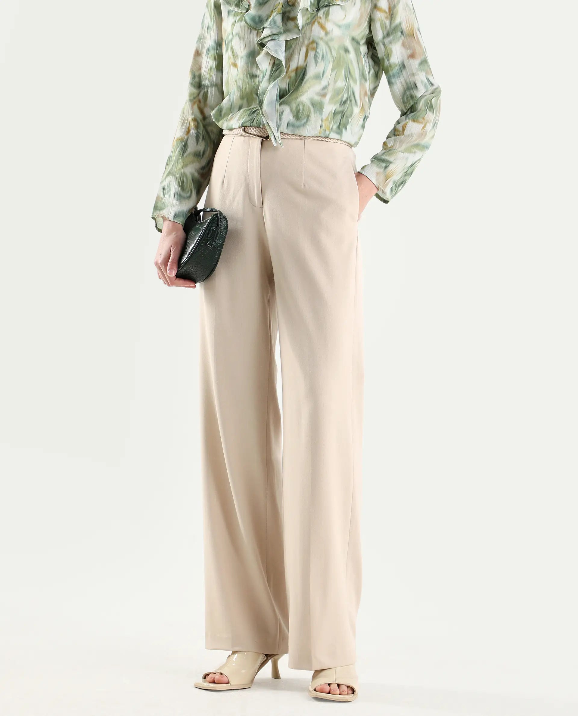 Rareism Women's Srait-1 Beige Viscose Fabric Straight Plain Trouser
