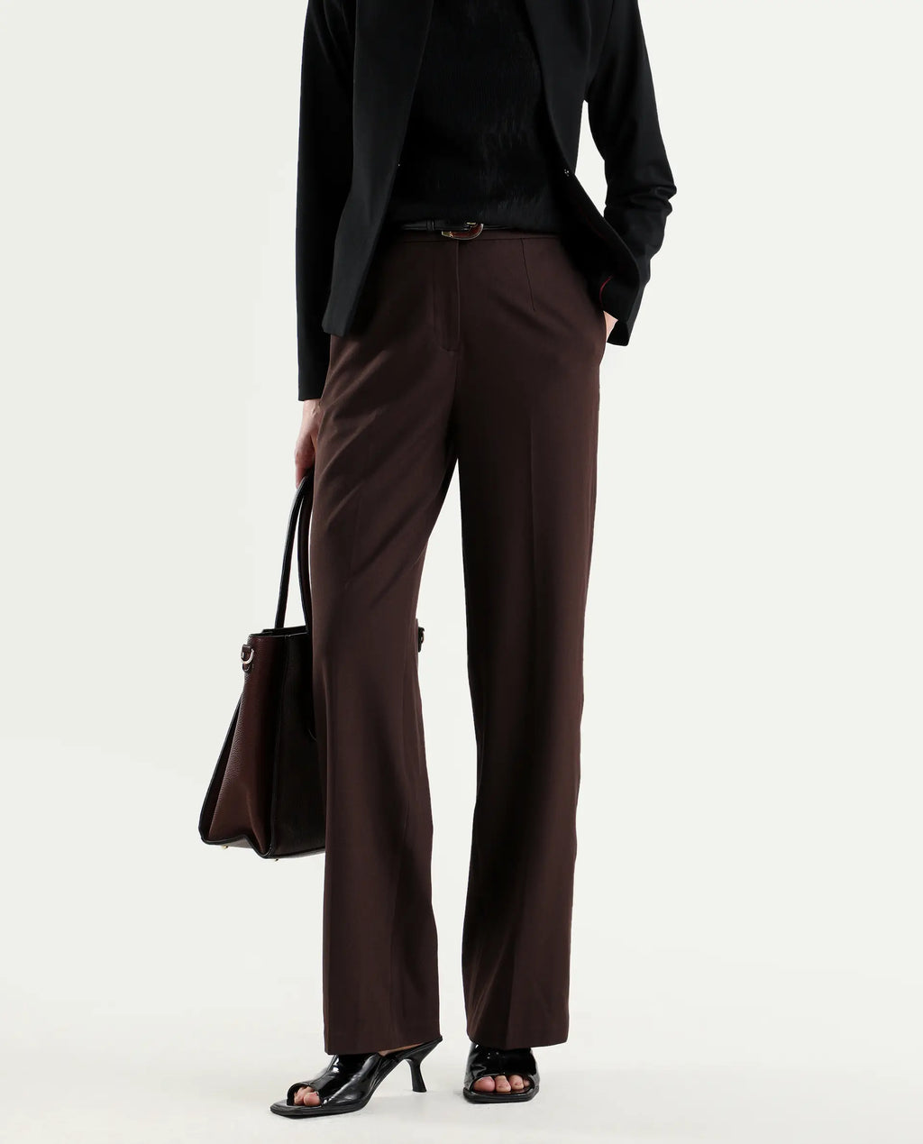 Rareism Women's Srait-1 Brown Viscose Fabric Straight Plain Trouser