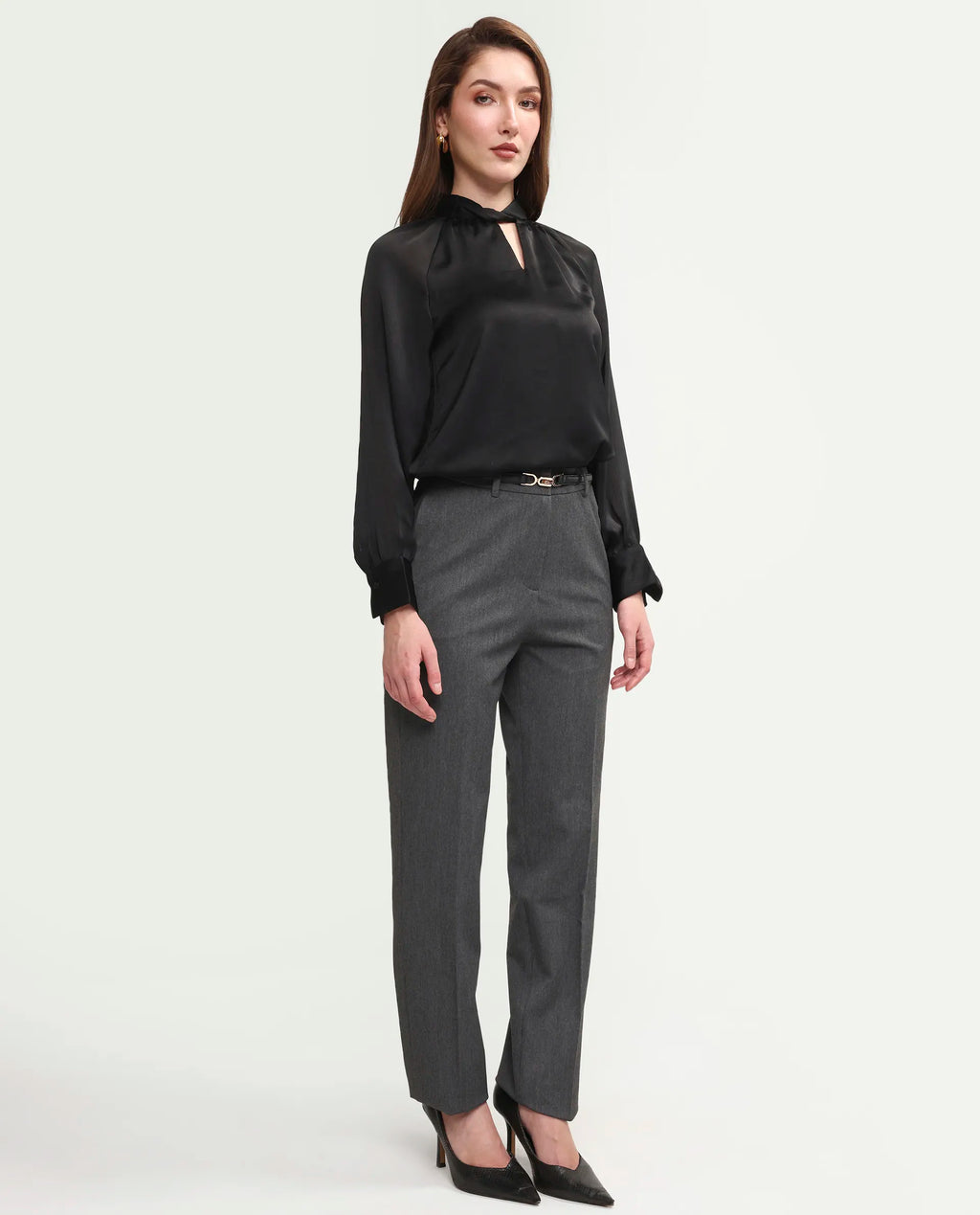 Rareism Women's Paper Grey Viscose Blend Fabric Tapered Plain Trouser