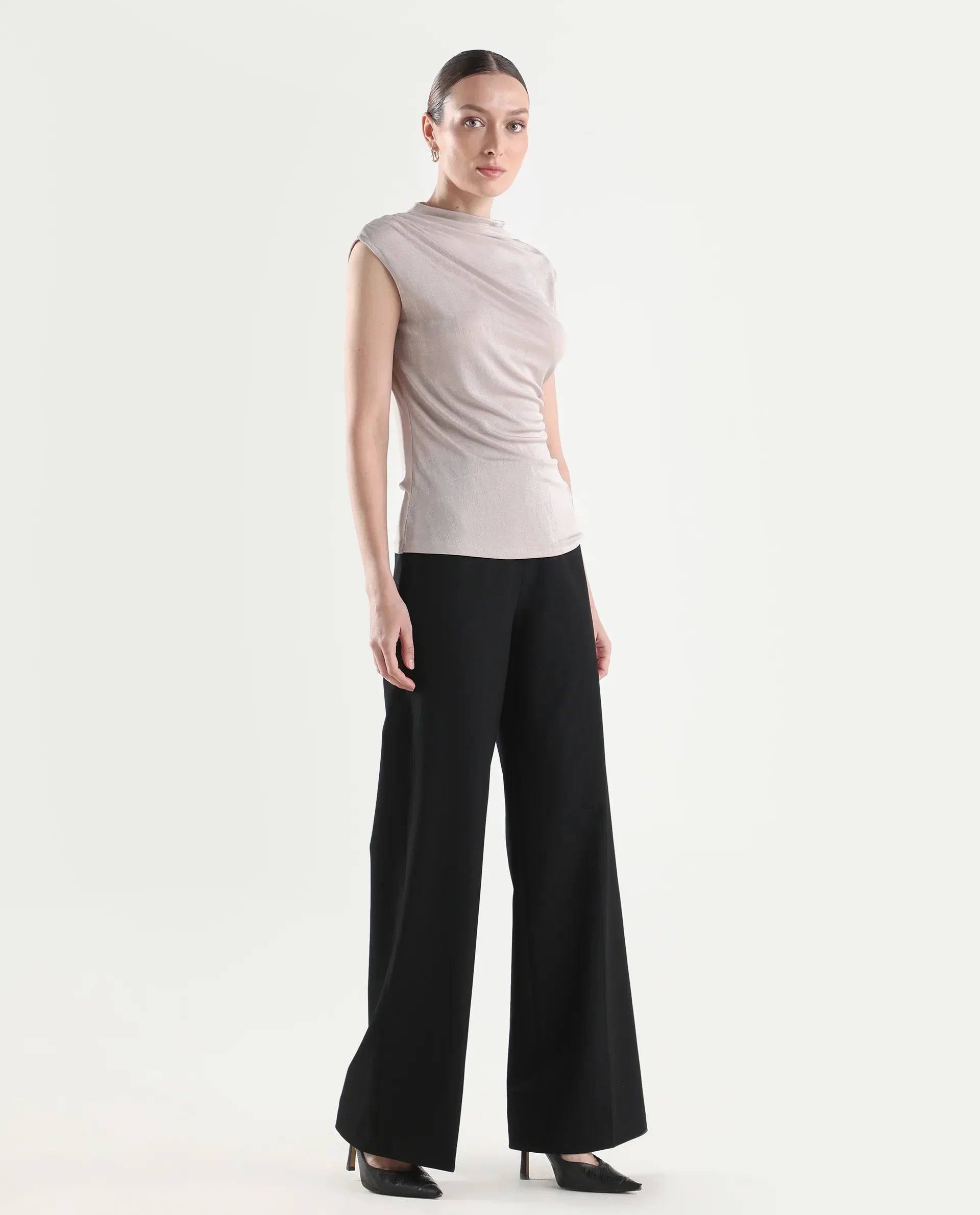 Rareism Women's Widy Black Viscose Wide Plain Trouser