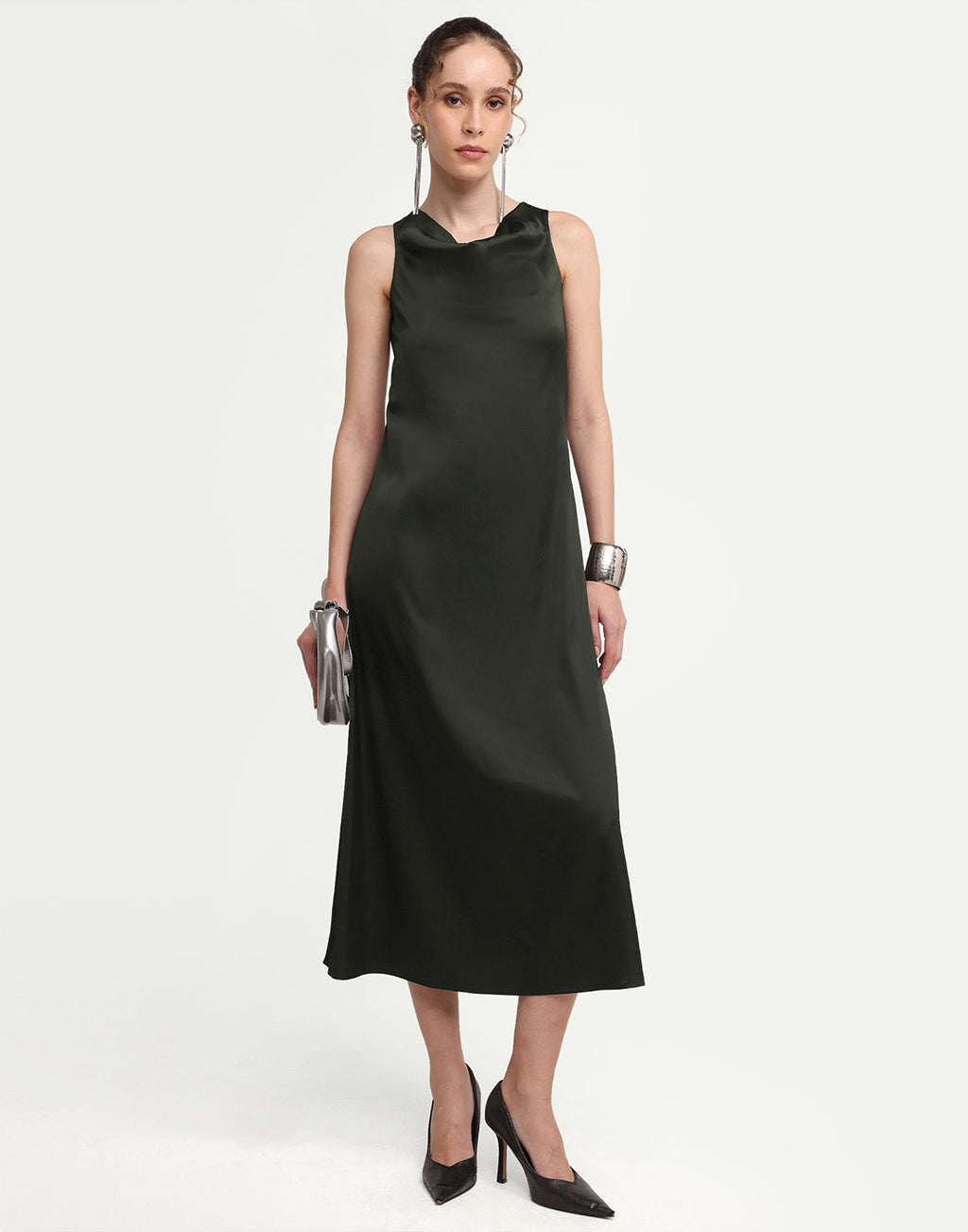 Rareism Women's Addina Olive Polyester Cowl Neck Pull-On Bodycon Plain Dress