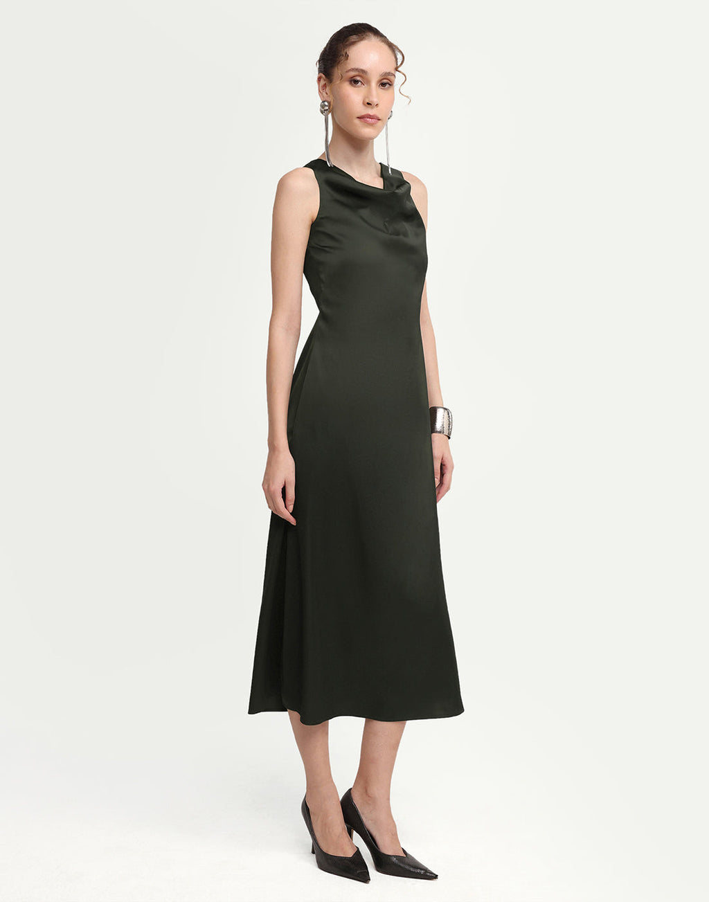 Rareism Women's Addina Olive Polyester Cowl Neck Pull-On Bodycon Plain Dress