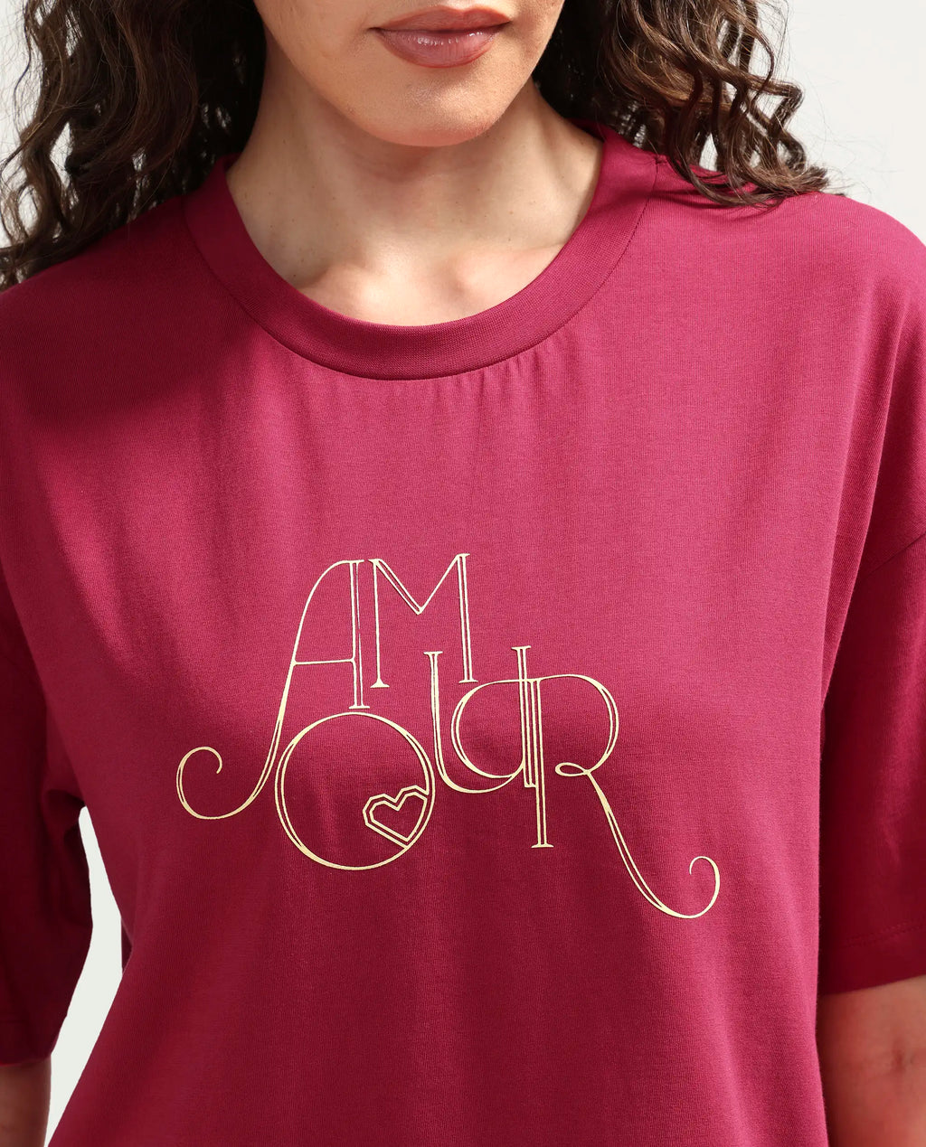 Rareism Women's Zamor Dark Pink Cotton Crew Neck Pull-On Boxy Typography Print T-Shirt