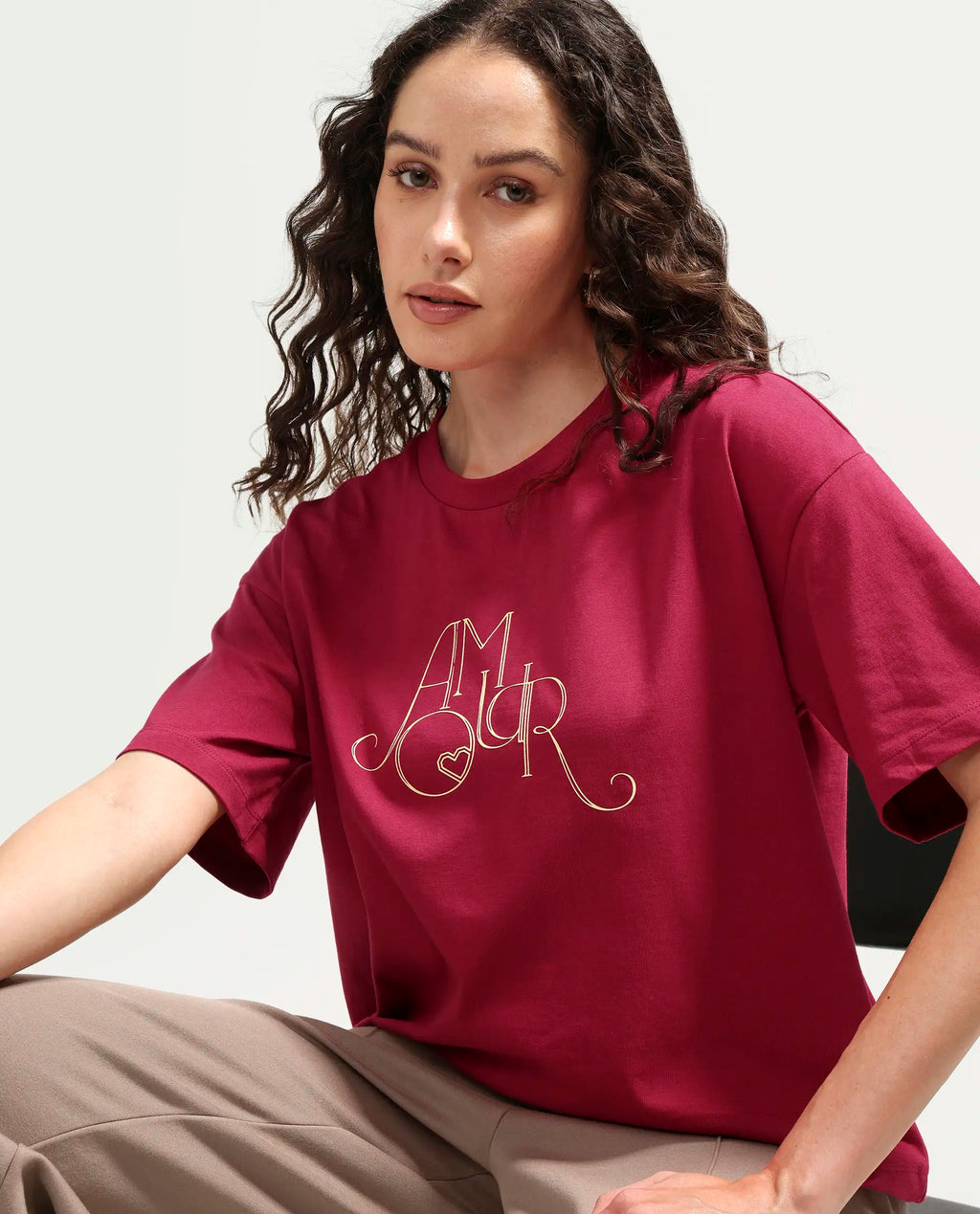 Rareism Women's Zamor Dark Pink Cotton Crew Neck Pull-On Boxy Typography Print T-Shirt