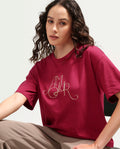 Rareism Women's Zamor Dark Pink Cotton Crew Neck Pull-On Boxy Typography Print T-Shirt