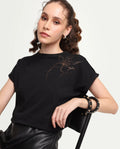 Rareism Women's Zarth Black Cotton Crew Neck Pull-On Relaxed Floral Print T-Shirt