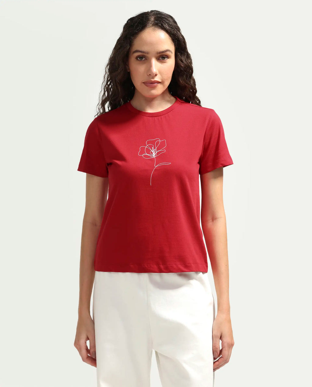 Rareism Women's Zexer Red Cotton Crew Neck Pull-On Regular Floral Print T-Shirt