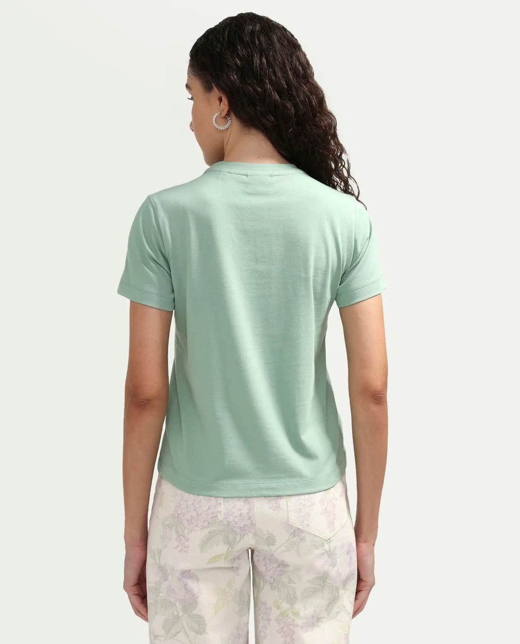 Rareism Women's Zexer Light Green Cotton Crew Neck Pull-On Regular Floral Print T-Shirt