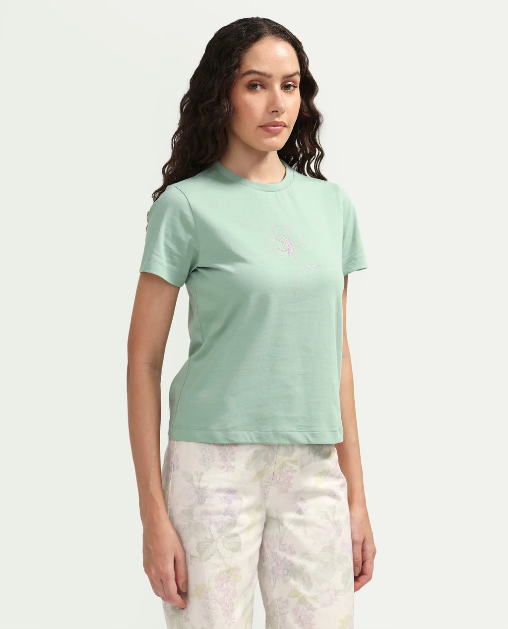 Rareism Women's Zexer Light Green Cotton Crew Neck Pull-On Regular Floral Print T-Shirt