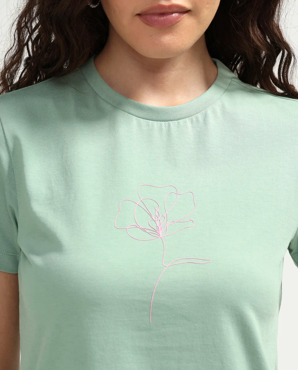 Rareism Women's Zexer Light Green Cotton Crew Neck Pull-On Regular Floral Print T-Shirt