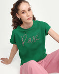 Rareism Women's Zivic Dark Green Cotton Crew Neck Pull-On Relaxed Typography Print T-Shirt