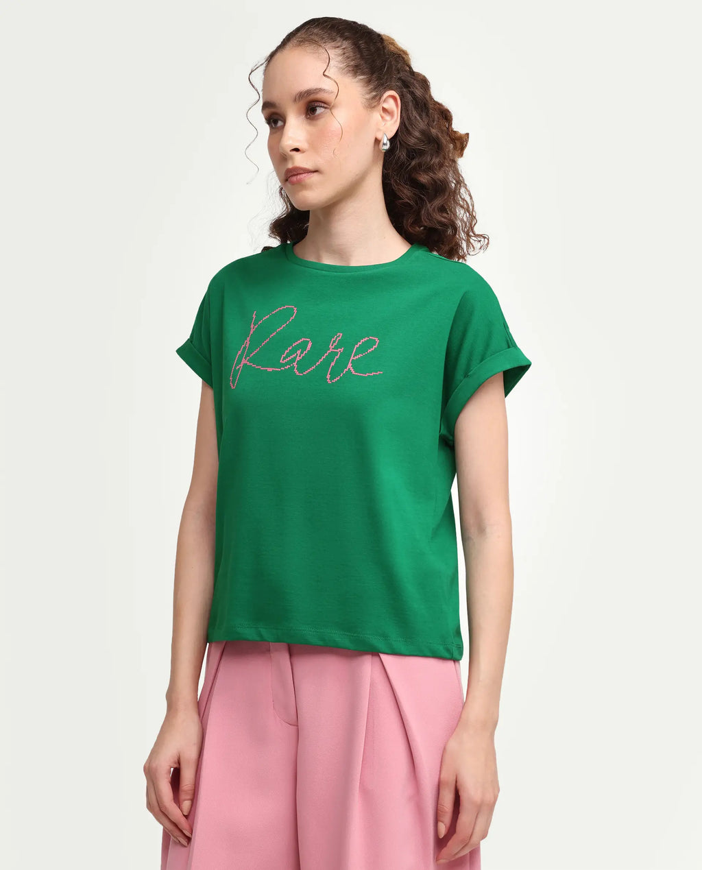 Rareism Women's Zivic Dark Green Cotton Crew Neck Pull-On Relaxed Typography Print T-Shirt