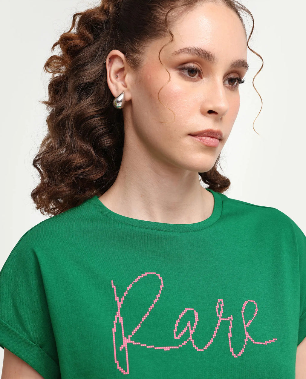 Rareism Women's Zivic Dark Green Cotton Crew Neck Pull-On Relaxed Typography Print T-Shirt