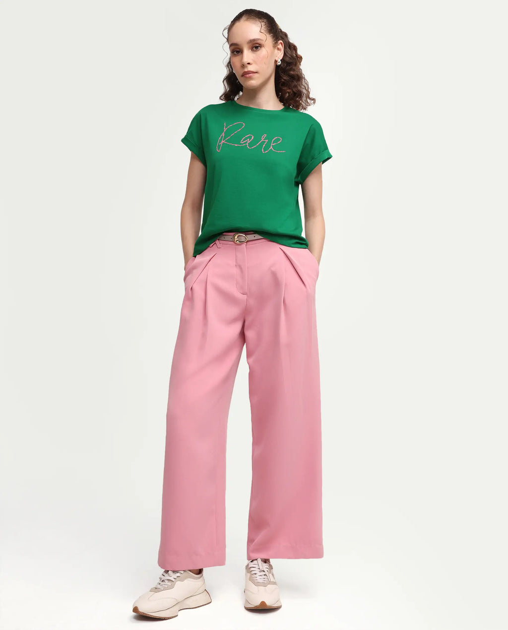 Rareism Women's Zivic Dark Green Cotton Crew Neck Pull-On Relaxed Typography Print T-Shirt