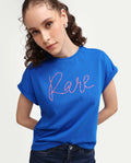 Rareism Women's Zivic Dark Blue Cotton Crew Neck Pull-On Relaxed Typography Print T-Shirt