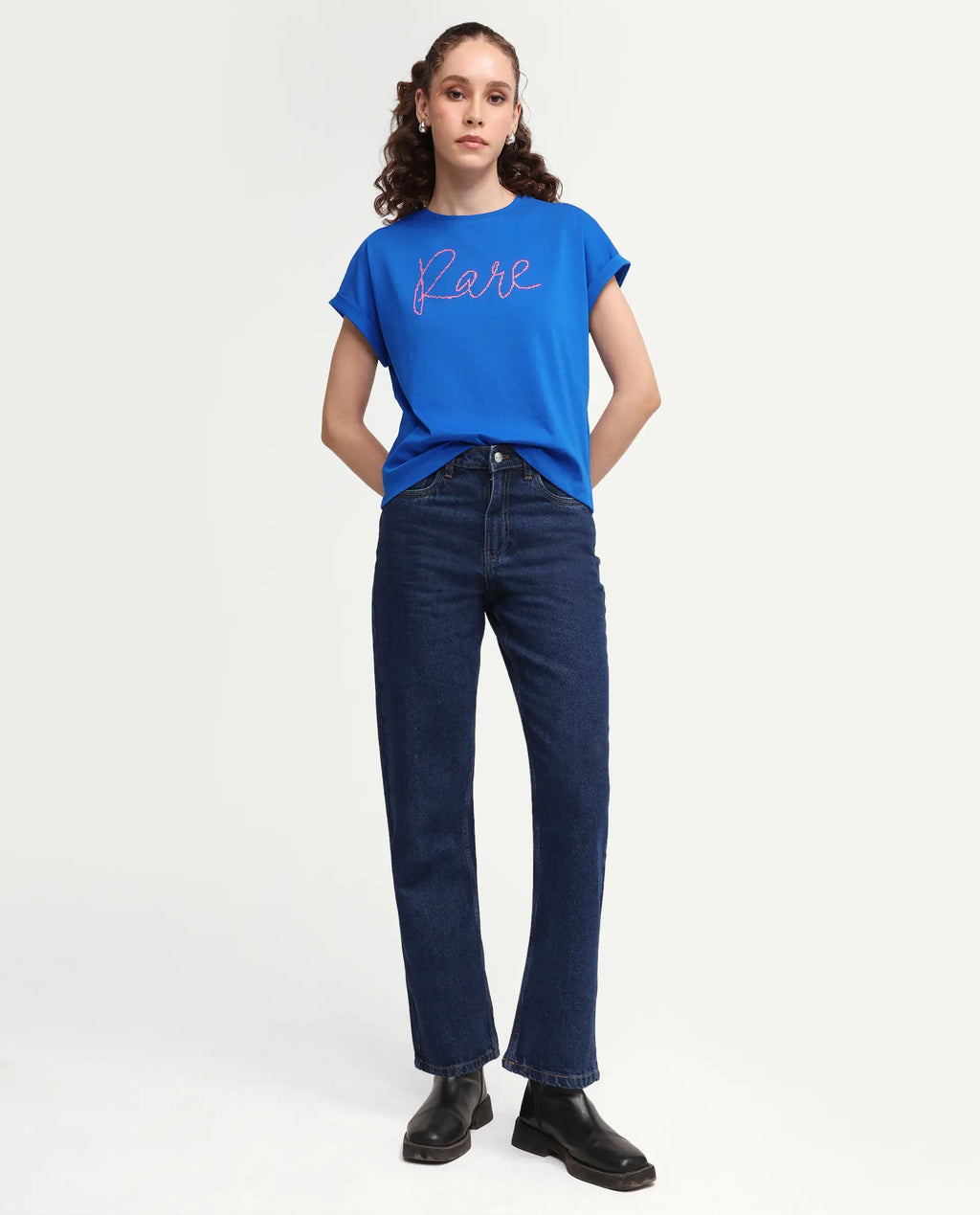 Rareism Women's Zivic Dark Blue Cotton Crew Neck Pull-On Relaxed Typography Print T-Shirt