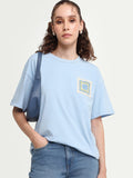 Rareism Women's Zoppy Light Blue Cotton Blend Crew Neck Pull-On Boxy Plain T-Shirt