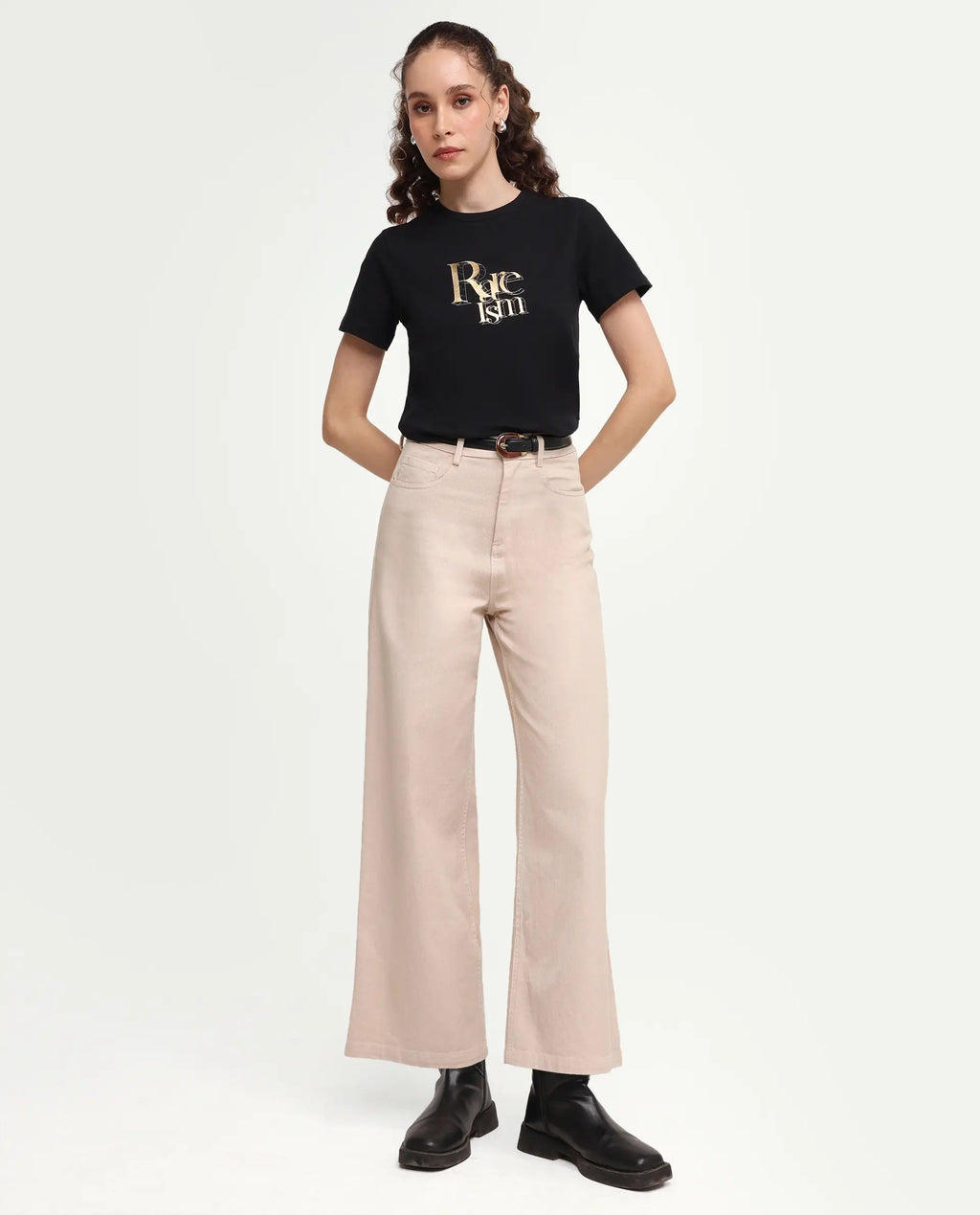 Rareism Women's Zism Black Cotton Blend Crew Neck Pull-On Regular Graphic Print T-Shirt