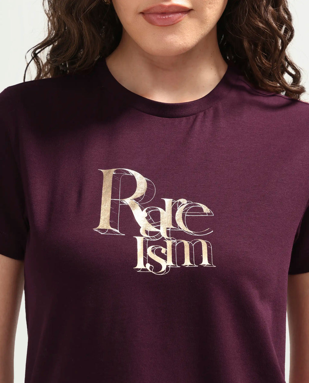 Rareism Women's Zism Dark Maroon Cotton Blend Crew Neck Pull-On Regular Graphic Print T-Shirt