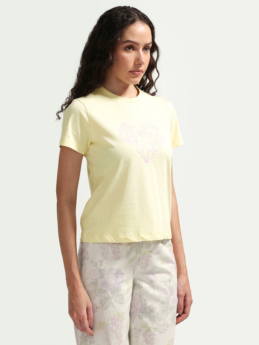 Rareism Women's Zelly Light Yellow Cotton Crew Neck Pull-On Regular Object Print T-Shirt