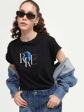 Rareism Women's Zue Black Cotton Crew Neck Pull-On Relaxed Typography Print T-Shirt