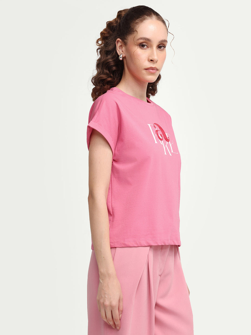 Rareism Women's Zue Pink Cotton Crew Neck Pull-On Relaxed Typography Print T-Shirt