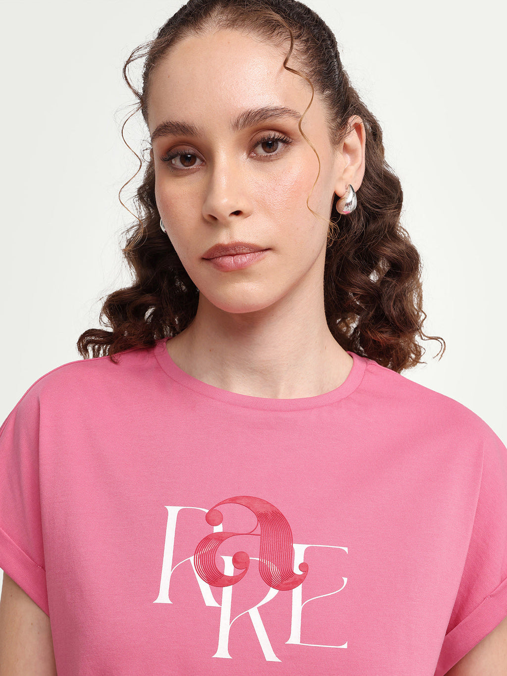 Rareism Women's Zue Pink Cotton Crew Neck Pull-On Relaxed Typography Print T-Shirt