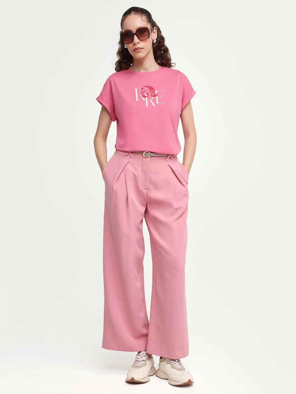 Rareism Women's Zue Pink Cotton Crew Neck Pull-On Relaxed Typography Print T-Shirt